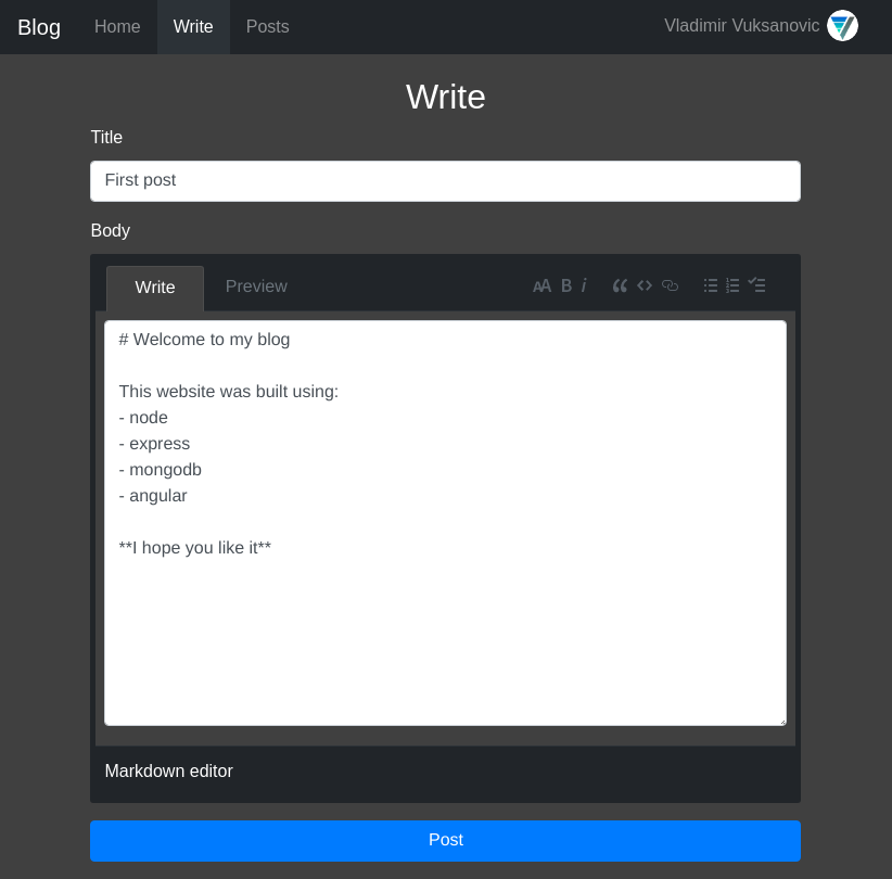 Post write page with a markdown editor